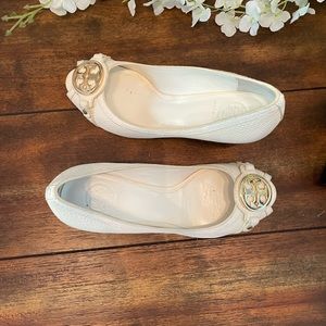 TORY BURCH “Leticia” Pebble Leather Peep Toe Wedges. Worn once. Size 9